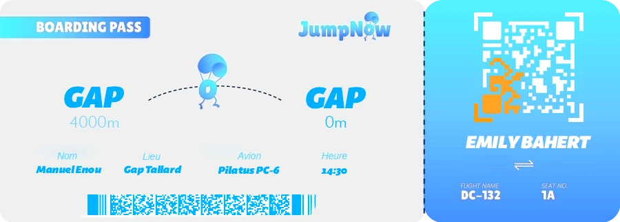 Carte d'embarquement JumpNow pour un saut en parachute, affichant la hauteur de 4000 mètres, le nom du passager, le lieu, le type d'avion Pilatus PC-6, l'heure du saut, et un code QR pour l'enregistrement